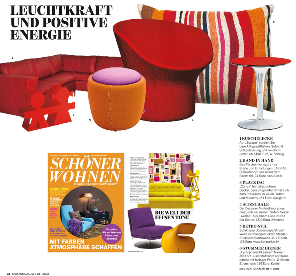 "Schoner Wohnen" Europe's largest home decor magazine, features "Cantaloupe Stripe" designer pillow from the Kim Parker Home collection--available at www.kimparker.tv