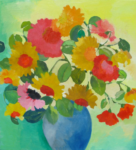 "Zinnias in Blue Vase" by Kim Parker