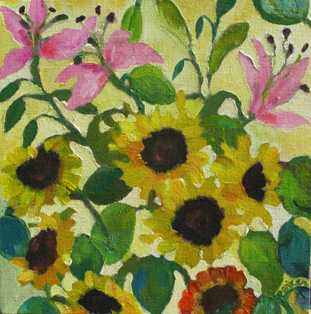 "Sunflowers and Pink Lilies" painting by Kim Parker